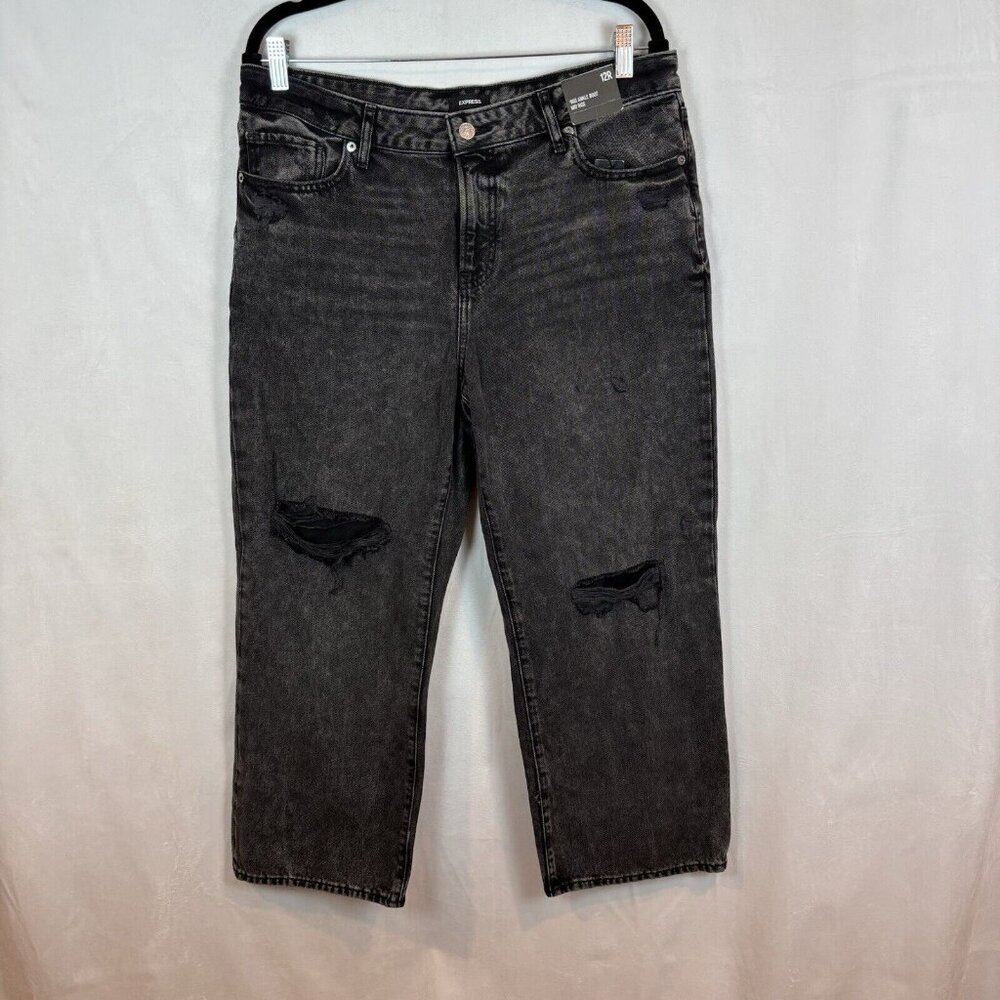 Express Women's Faded Black 90's Ankle Boot Mid Rise Jeans Sz 12R NWT Distressed